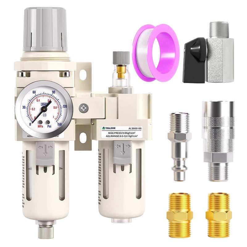 TAILONZ PNEUMATIC 3/8 Inch NPT Air Filter Pressure Regulator Water/Oil Trap Separator Combo(0-145PSI),Air Tool Compressor Filter with Gauge AC3010-03(Manual Drainage) - Image 1